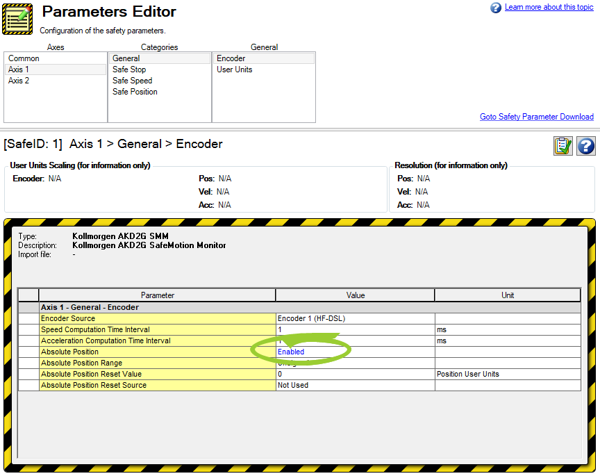 Parameters Editor showing the Enabled setting for Absolute Position circled